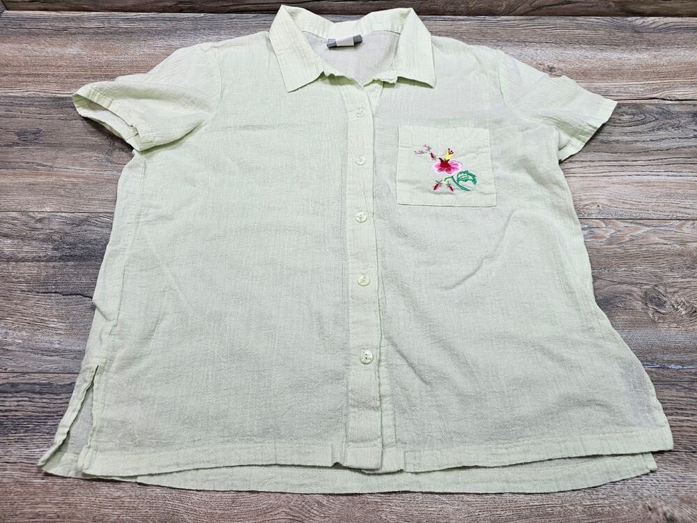 Blair Women's Medium Ivory Floral Embroidered Button Front Short Sleeve Shirt